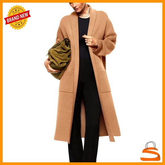 Sweaters - Oversized Knit Maxi Cardigan Open Front Long Sleeve Lapel Coat with Pockets